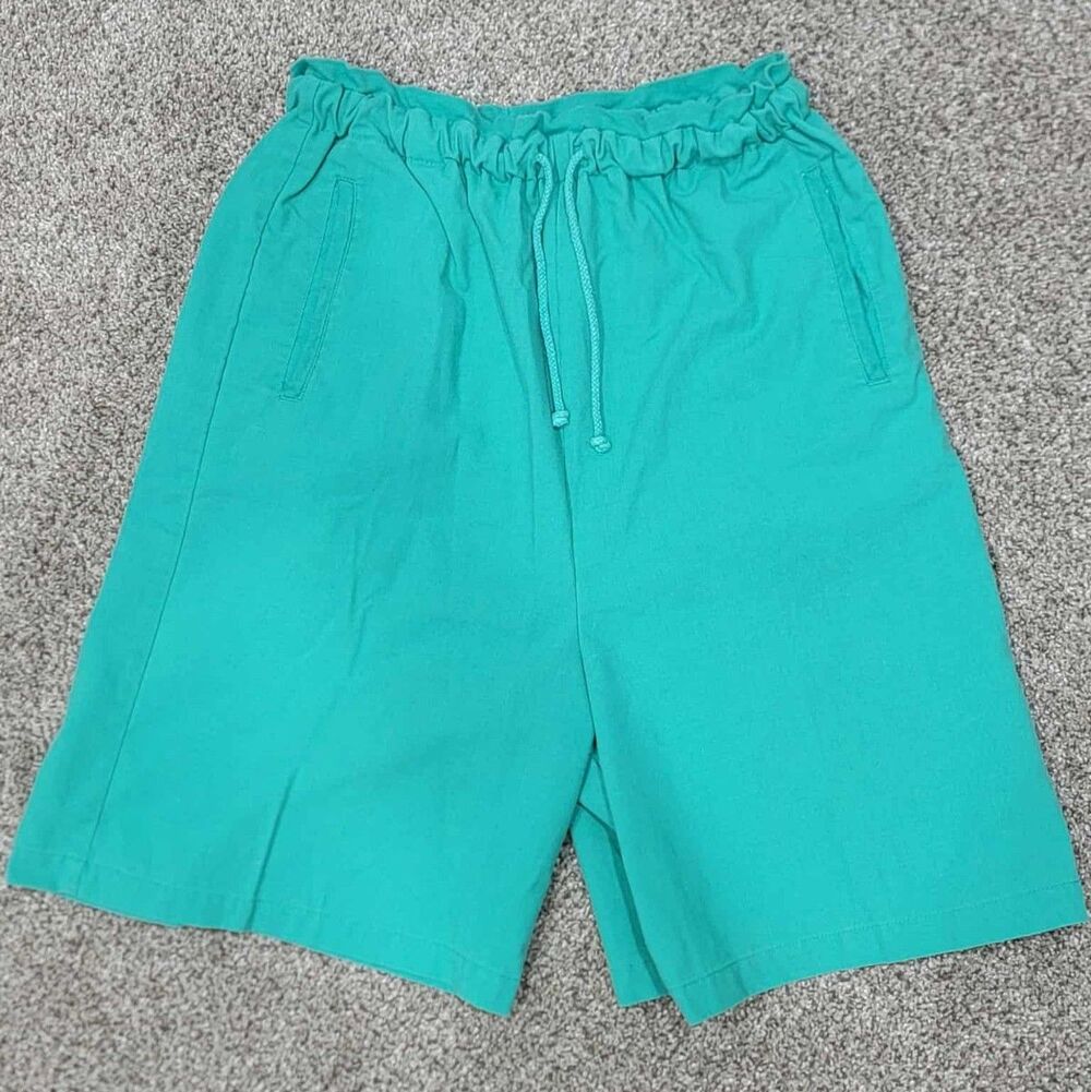 Vintage 90s Blue Cabana Shorts Womens M - Teal with pockets - Drawstring waist